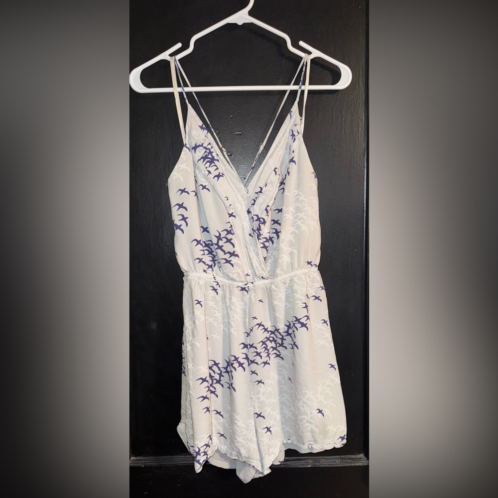 BCBGeneration White Romper with Navy Bird Print